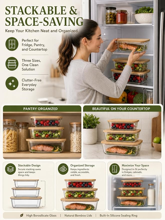 3-Pack Airtight Glass Food Storage Containers with Bamboo Lids | High borosilicate stackable meal prep containers for leftovers. Microwave and dishwasher safe kitchen organization.
