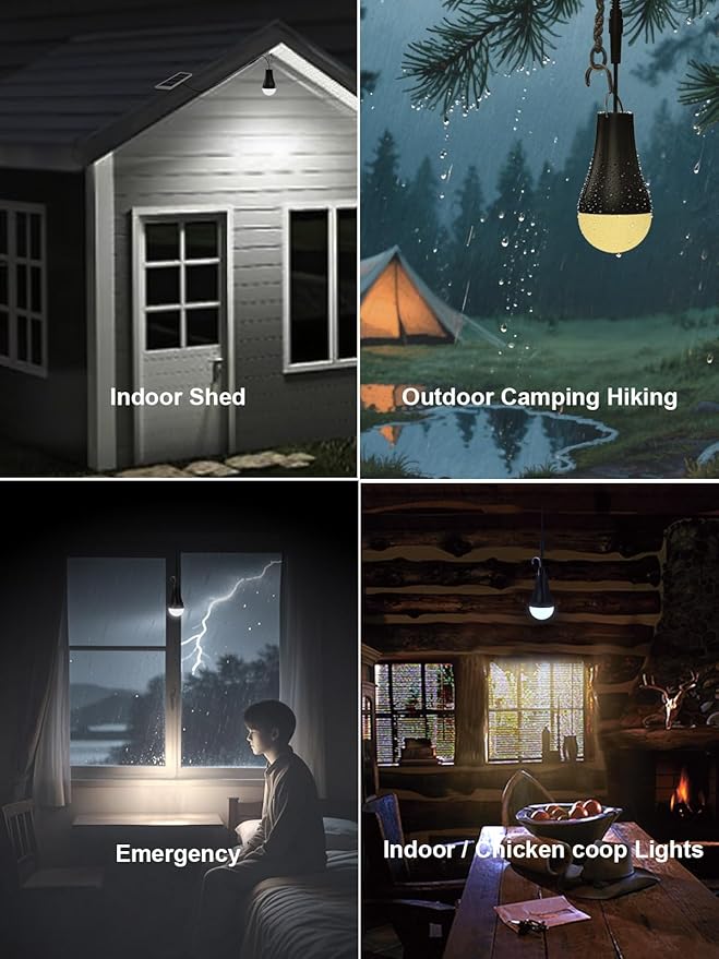Dusk to Dawn Solar Light Bulbs Waterproof, Rechargeable Chicken Coop Light with Timer, 3 Color Temperatures, 4 Light Modes, Solar Emergency Lights for Indoor, Outdoor, Hurricane, Storm