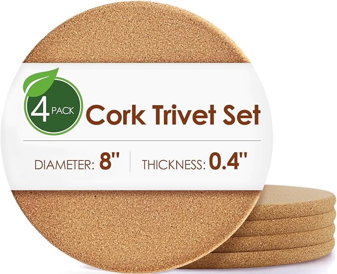 Cork Hot Pads for Kitchen,4 Pack High Density Thick Cork Trivets for Hot Dishes 8" Heat Resistant Large Cork-Coasters Placemats for Table, Kitchen, Countertops