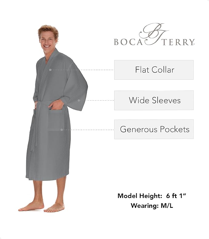 Men's Waffle Robe by BOCA TERRY, Waffle Knit Spa Robe, Long Lightweight Cotton Kimono Hotel Bathrobe