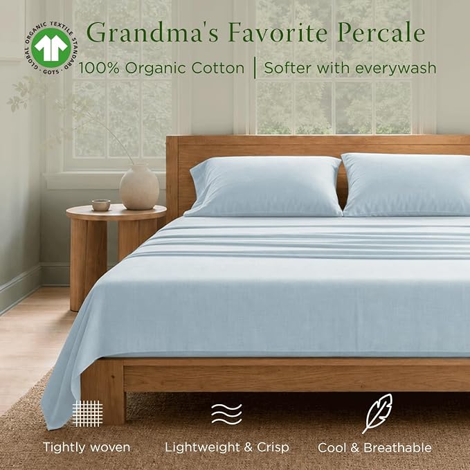 Threadmill 100% Organic Cotton Twin Sheet Set - GOTS Certified, 3 Piece, Light Blue - Soft and Breathable Sheets with All-Round Elastic Deep Pocket for Snug Fit, Healthy Bedding Set