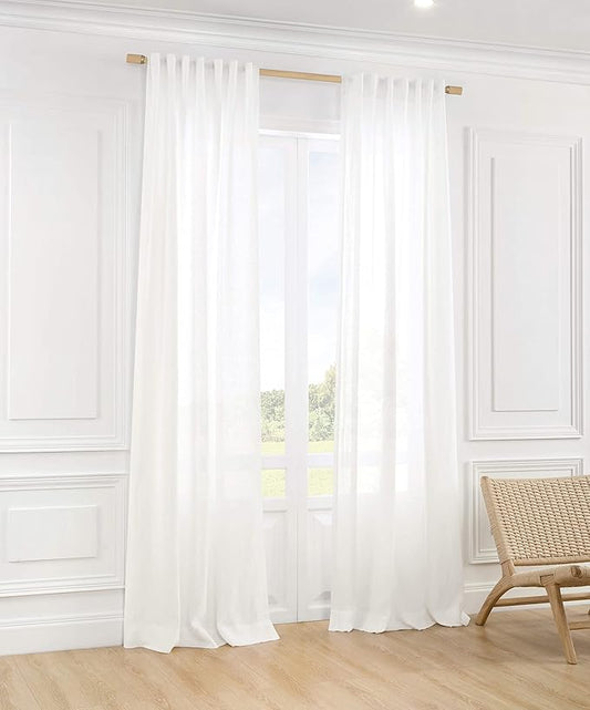 ATLINIA 100% Linen Sheer Curtains White Panels - 2 Panels Window Natural Linen Sheer for Bedroom Living Room Farmhouse Light Curtains Filtering Door Shades Privacy Rustic Boho Door Drape 96 inch