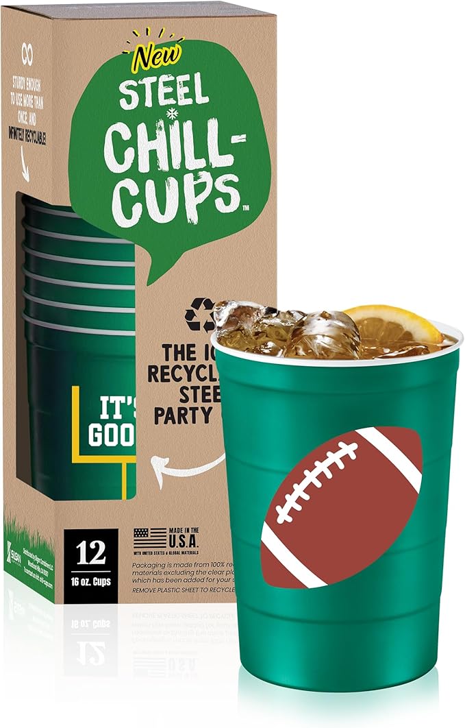 Steel Chill Cups 16 oz. Party Cup Football 'It's Good' Goal Post Design for Cold Drinks, Durable, Disposable, Recyclable, Made in USA, Green 12 Count