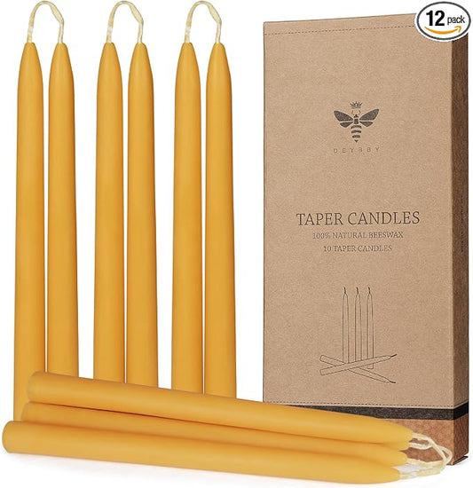 10 inch Natural Beeswax Taper Candles Set of 12, DEYBBY Smokeless and Dripless Organic Natural Beeswax Candles for Home Dinner Decor Emergency Housewarming Gift, 8-9 Hrs Burning, Nontoxic
