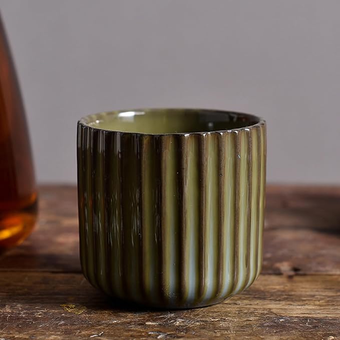 Vintage Ceramic Mug, Japanese Tea Cup 6oz Striped Cup No Handle Drinking Cup for Espresso, Cortado, Matcha, Green Tea, Microwave and Dishwasher Safe, Kiln Transformation Cup (Green)