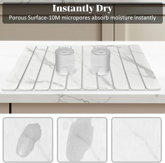 2 PCS Large Stone Dish Drying Mat for Kitchen Counter, 24"×16" Marble Dish Drying Mat with 8"x 4" Coasters, Non - Slip Collapsible Absorbent Mat for Multi - Purpose, Match Any Countertop【White】