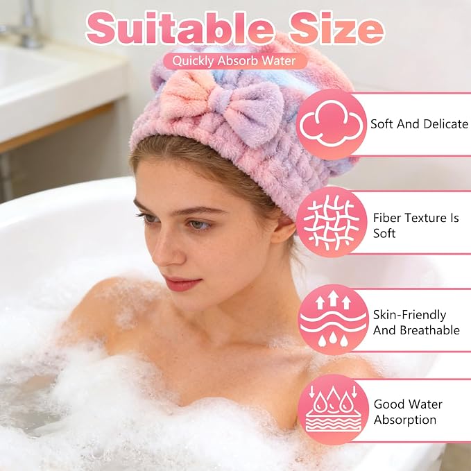 2-Pack Super Absorbent Hair Towel Wrap for Women, Quick-Drying Microfiber Hair Towel with Soft Bow, for Long, Short, Wet & Curly Hair