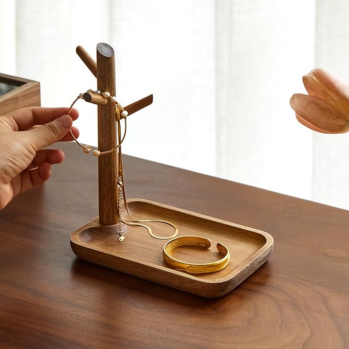 Solid Acacia Wood Key Tray and Bowl for Entryway Table - Jewelry Tray With 3 Hooks, Open Storage for Wallet, Glasses, Watches, Lipstick (Acacia, small)