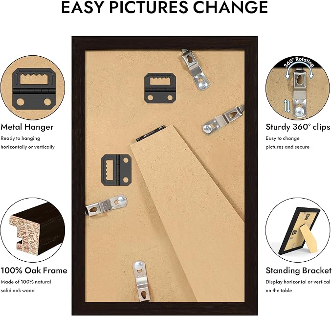 Hongkee 5x8 Oak Wood Picture Frame (1 Pack, Black) with Real Glass Cover | 5 x 8 Solid Wood Frame for Wall or Tabletop Display - Includes Easel Back, Vertical Hang - Ideal for Home, Office