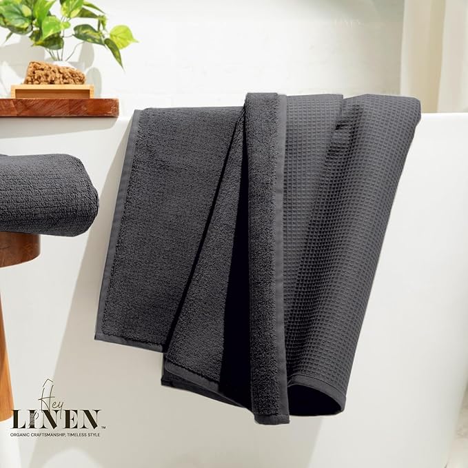 100% Organic Cotton Bath Towel Set of 2 | Luxury 650 GSM Beach & Spa Towels | Soft Large Quick Dry Towel for Bathroom | Waffle Terry Weave | Grey 35x60