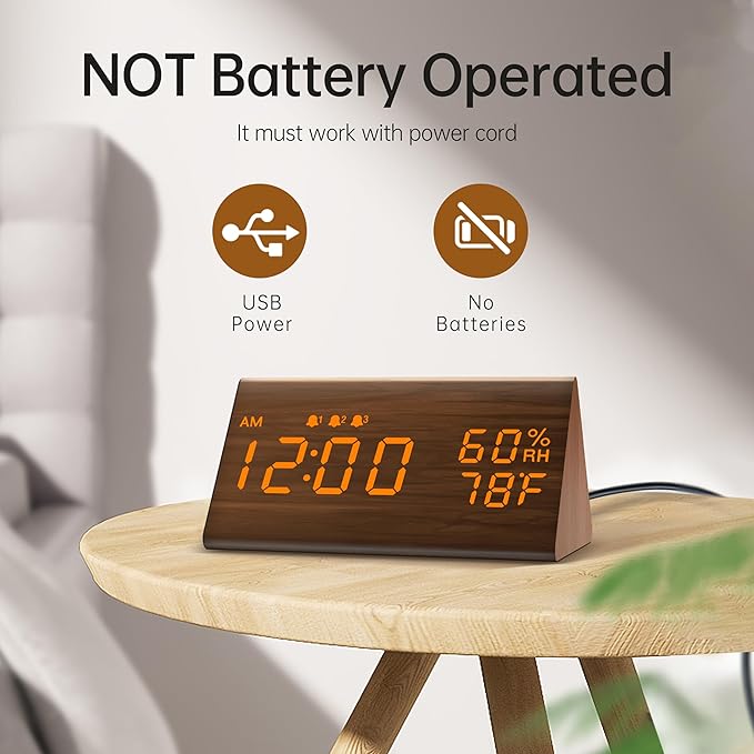 JALL Wooden Digital Alarm Clock for Bedroom, 3 Alarms with Large Numbers, Humidity and Temperature Display, 6-Level Dimmer, Snooze, Loud Desk Clock for Heavy Sleepers, Plug in (Brown)