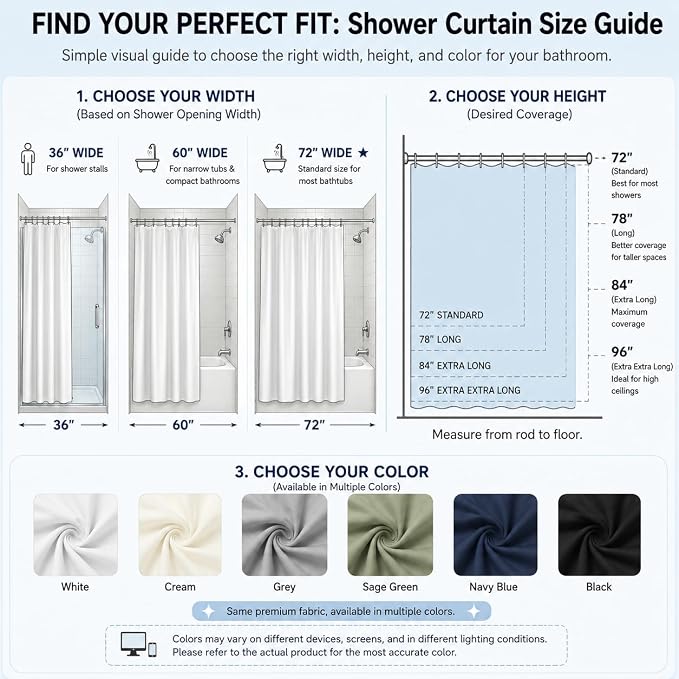 Waterproof Fabric Shower Curtain Liner, TPU Coated, PEVA-Free & Odorless, Hotel Quality, 3 Magnets, Rust-Proof Metal Grommets, Machine Washable, Black, 72x96 Inch