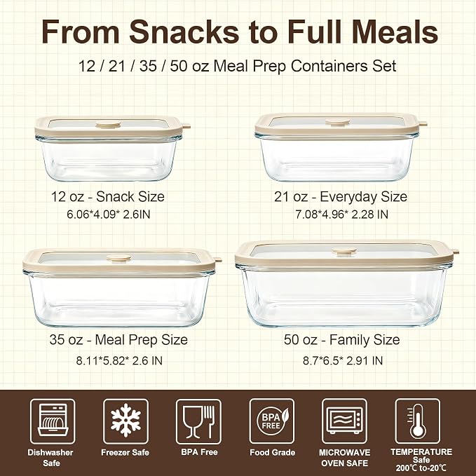 4 Pack Glass Meal Prep Containers with Glass Lids, Plastic-Free Glass Food Storage Containers, Multi-Size Glass Food Prep Containers for Lunch, Leftovers, Microwave, Freezer (12, 21, 35, 50 oz)