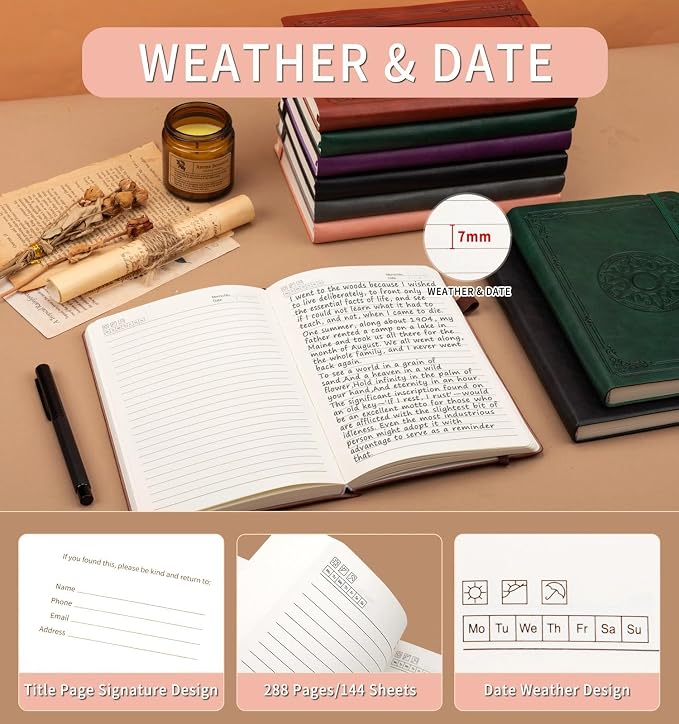 Lined Journal Notebook, A5 Leather Vintage Journals for Writing, 288 Pages College Ruled Notepad for Women Men, Vegan Leather Daily Notebook for Work, School, Travel, Note Taking(Celtic Star, Pink)