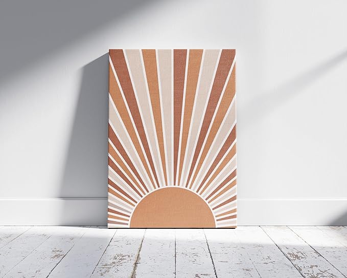 Boho Rising Sun Wrapped Canvas Wall Art Sunburst Rays Earth Tones Terracotta 16x20 Inch Gallery Stretched Minimalist Modern Home Art Decor