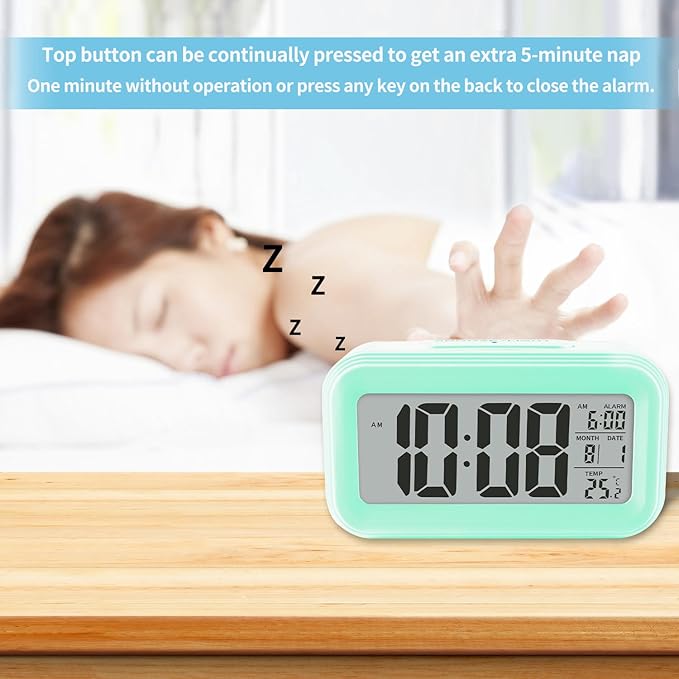 Digital Alarm Clock with Indoor Temperature, Large LED Display, 12/24H, Snooze Mode, Battery Operated Bedside Clock for Bedroom, Heavy Sleepers & Kids,Green