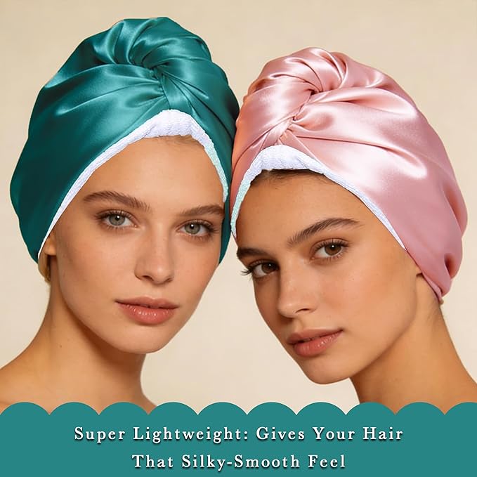 Chloven Satin Microfiber Hair Towel Wrap - 2 Pack Anti frizz Satin Hair Towel Wrap for Women - Hair Wrap Towels for Wet Long Curly Hair with Button - Super Absorbent Hair Drying Towel Wrap