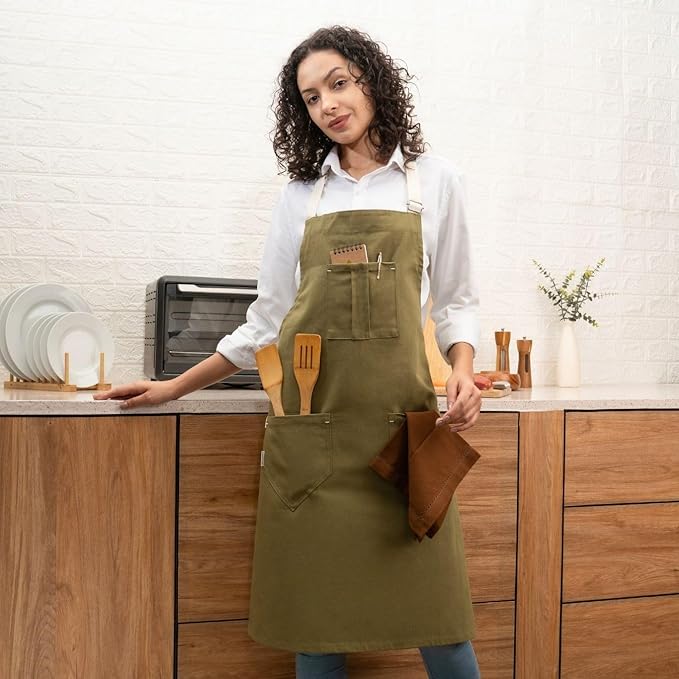 Cotton Canvas Apron for Women & Men – Adjustable Neck Strap & Waist Ties with Pockets