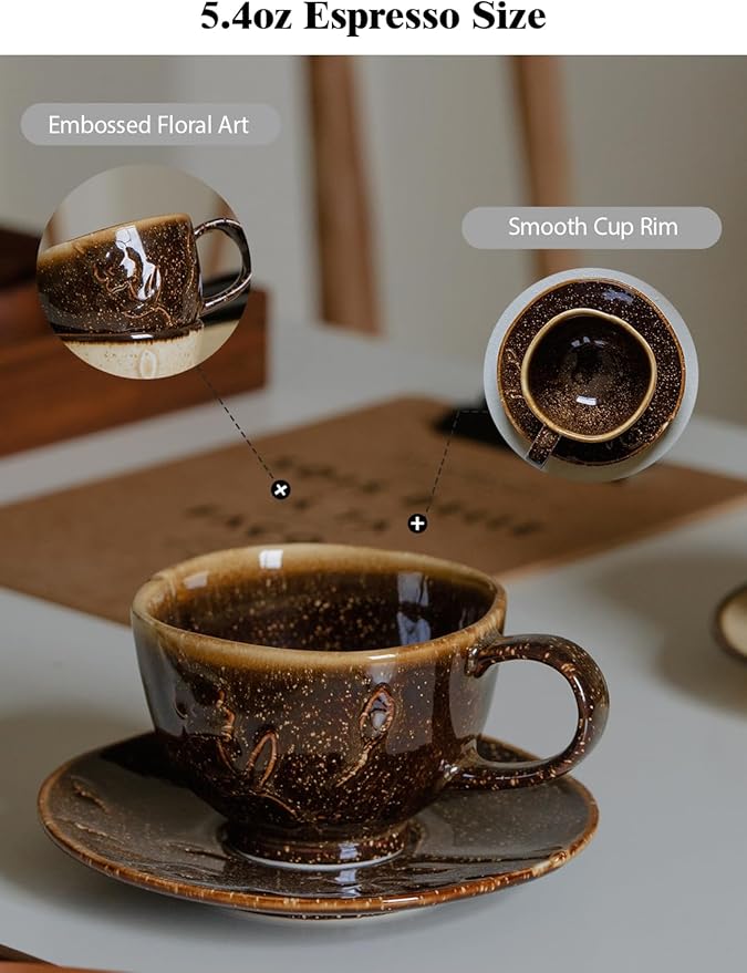 Ceramic Coffee Cup and Saucer Set 5.4oz (160ml), Brown Speckled Glaze Espresso Cup with Plate, Small Cappuccino Cup for Home, Café, Office
