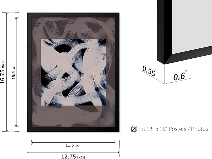 Monem Art Monochrome Abstract Brushstroke Painting Print - Modern Minimalist Graphic Art Poster - Wall Decor for Living Room, Bedroom or Office - 12x16 Black Framed Wall Art by Mareike Bohmer