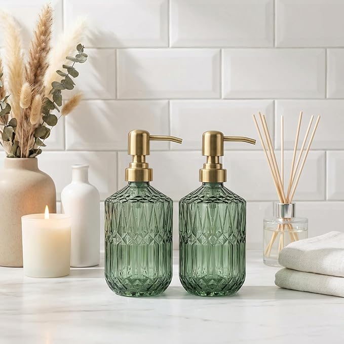 2-Pack Green Hand Soap Dispenser with Gold Stainless Steel Pump, Refillable Glass Soap Dispenser for Bathroom, Vintage Kitchen Soap Dispenser for Liquid Hand Soap, Lotion, Body Wash (14 OZ)