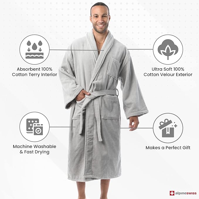 Alpine Swiss Pure Cotton Mens Terry Cloth Bathrobe Super Absorbent Spa Robe