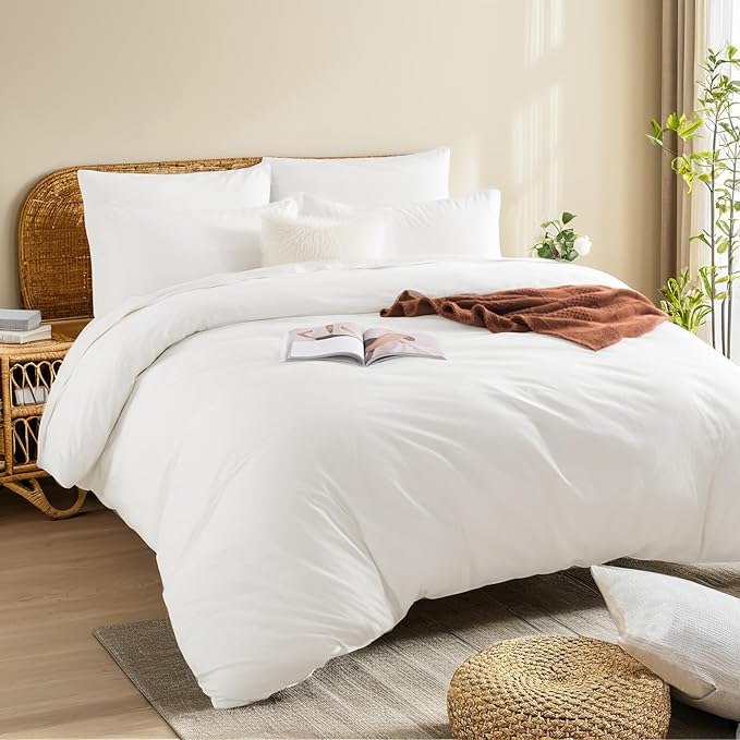 NEXHOME PRO Duvet Cover Set Super King 108"x98" Linen Look Textured Cream White Organic Natural 100% Washed Cotton Duvet Cover 3 Pieces Bedding Set with Zipper Closure, Breathable (No Comforter)