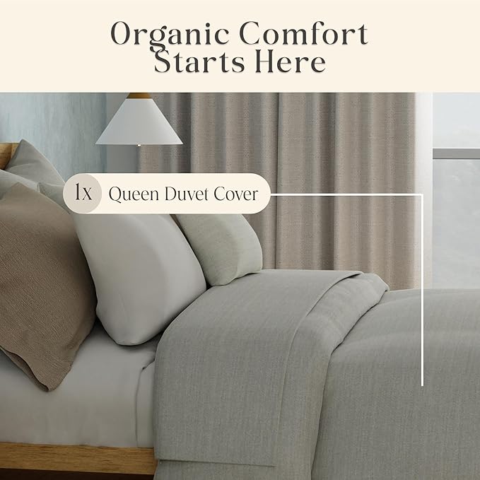 Delilah Home 100% Organic Cotton Duvet Cover, GOTS & Vegan.org Verified, Long Stem 300 TC Sateen Bedding, Non-Synthetic, Deep Pocket Fitted Linen, Lightweight, All-Season, 1 Piece Queen Size - Grey