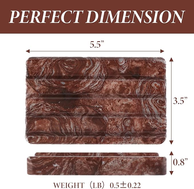 Koville Natural Marble Soap Dish for Shower, Red Marble Soap Tray for Bathroom, Bar Soap Holder for Sink, Stripe Grooves Saver Stone Soap Dish Keep Soap Bars Dry Easy Clean(Red Storm)
