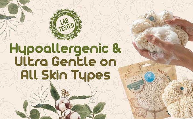 Organic Bath Sponge/Natura Bath Organic Cotton Bath Sponge – Ultra Soft Natural Body Sponge for Shower, Gentle Exfoliating Bath Sponge for Sensitive Skin, Reusable Eco-Friendly Shower Sponge