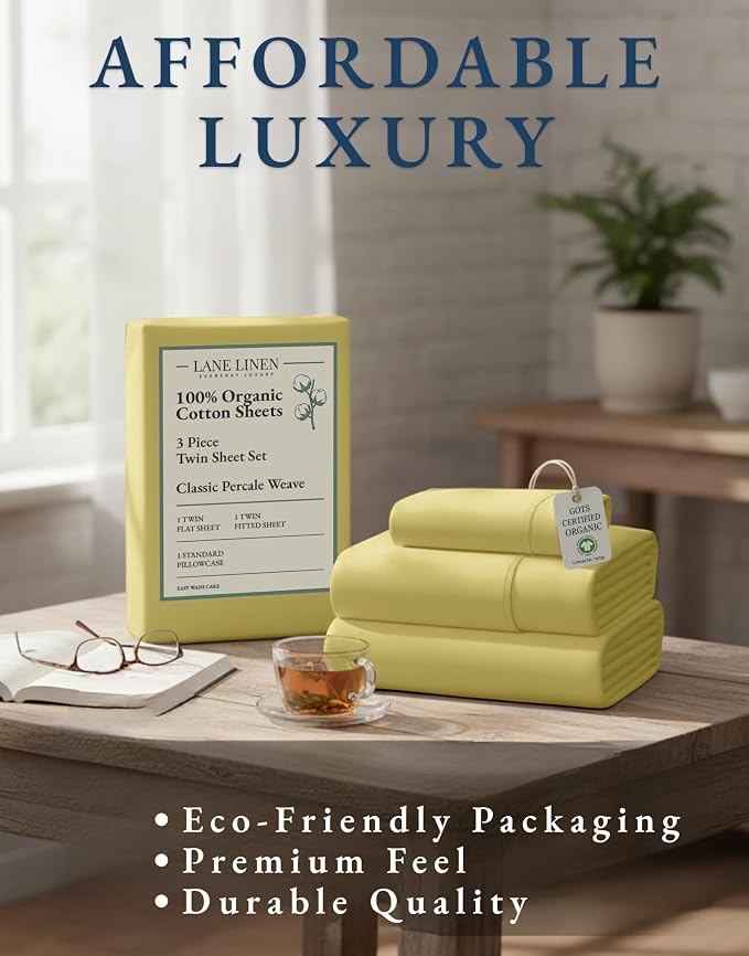 LANE LINEN Twin Bed Sheet Set 100% Organic Cotton Percale Cooling - Cocoon | Twin Sheets In 100% Organic Cotton Percale - Honest-Price Organic Quality, Crisp, Cool & Breathable, For Hot Sleepers