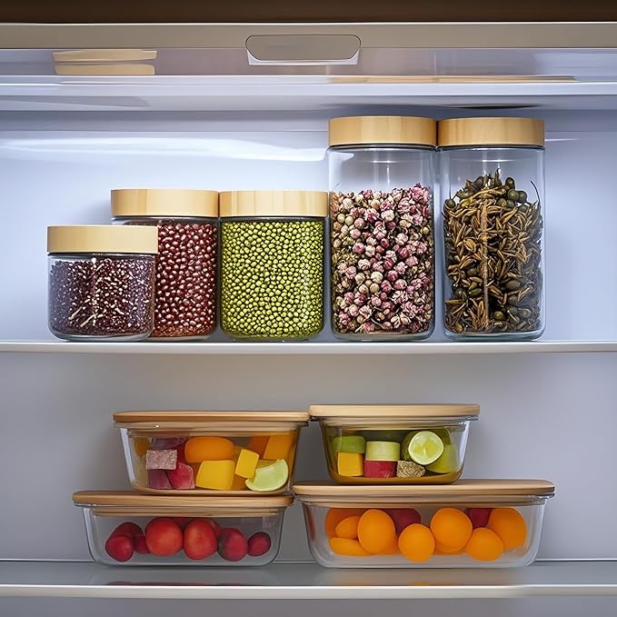 Suclain 12 Pcs Airtight Glass Food Storage Containers with Bamboo Lids Set Including 4 Pieces Meal Prep Glass Containers Lunch Bento Boxes and 8 Pieces Overnight Oats Jars Snack Storage Salad Jars