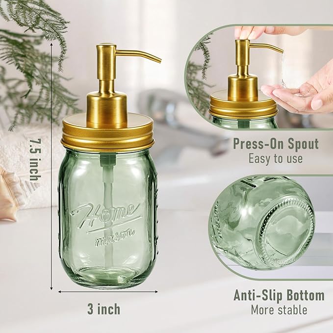 SheeChung Mason Jar Green Glass Soap Dispenser, Stainless Steel Pump, Refillable Dish soap Dispenser for Kitchen, 16Oz Bathroom Hand Soap Dispenser for Lotion, Liquid, Farmhouse Decor-Gold, 2 Pack