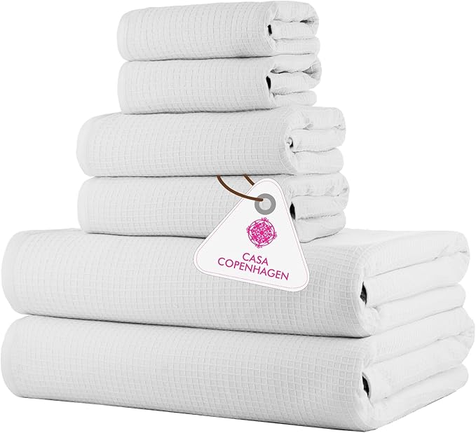 CASA COPENHAGEN Waffle 6Pcs 100% Egyptian Cotton Large Designer Towels Gift Set- White, 2Bath 2Hand 2Washcloths, Bath Towels for Bathroom (Box Pack, Set for Women & Men)
