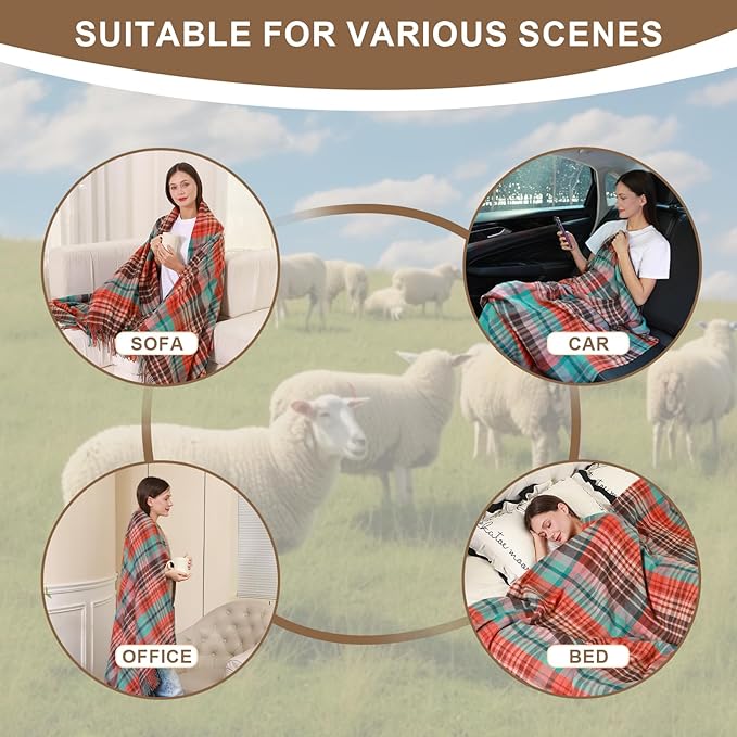 100% Wool Blanket Throw,Holiday Plaid Wool Blanket with Compact Bag,Rustic Soft Lightweight Blanket for Couch,Sofa,Bed & Lounging Decoration,Travel Blanket for Home, Airplane,Ideal Gifts 55"x83"