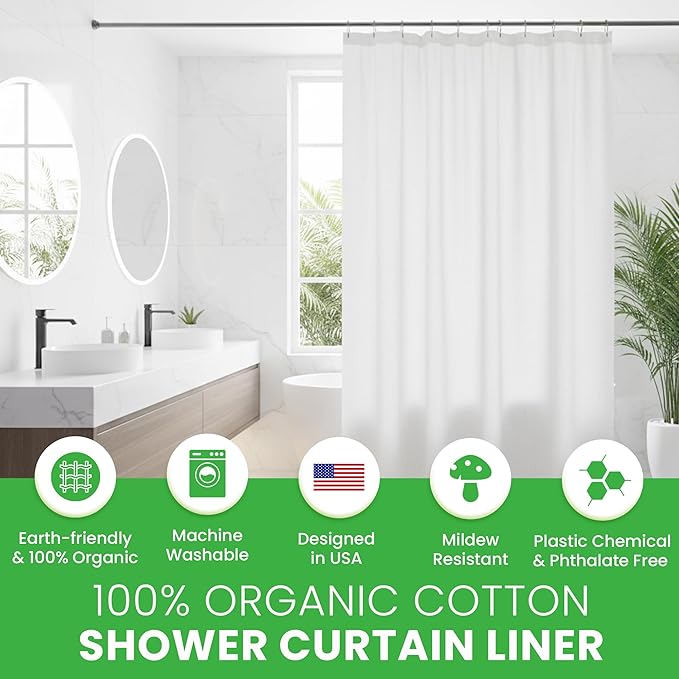 FABRIC SHOWER CURTAIN LINER 36"x74" SMALL Stall Size - Stylish Quality Bathroom Drape - Earth Friendly Non-Toxic Odor-Free WHITE Cotton Liner, Light-Weight Washable natural Shower Curtain 36WC