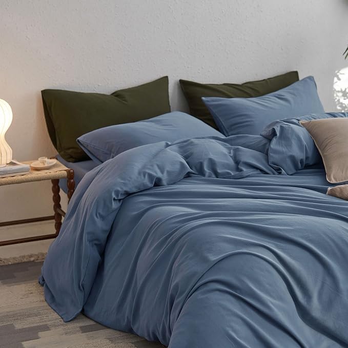 MooMee Oversized King Duvet Cover Set, 100% Washed Cotton Linen Twill Thick Sturdy Material Super Soft Breathable Durable Bedding for All Season, 3 Pieces (Blue, Oversized King 120"x98")