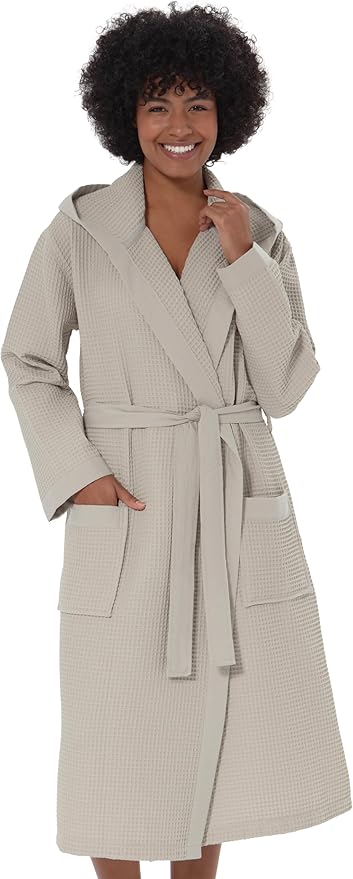 SEYANTE Women's Organic Cotton Waffle Kimono, Hooded Robe – GOTS Certified Lightweight Full-Length Spa Bathrobe with Piping