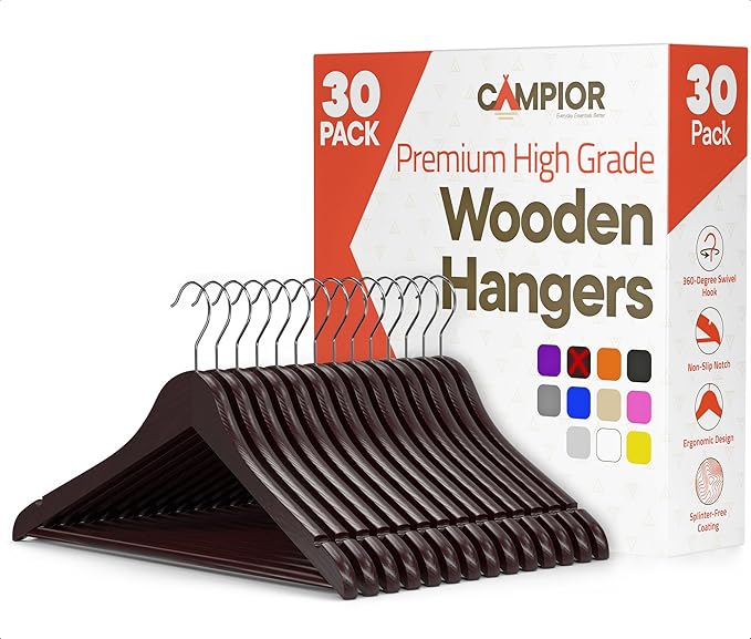 Cherry Wooden Hangers 30 Pack – Heavy-Duty with 360° Swivel Hook, Non-Slip, Pants Bar & Shoulder Grooves - Wooden Hangers for Suits, Jackets, Dresses & Camisoles, Space-Saving and Smooth Finish