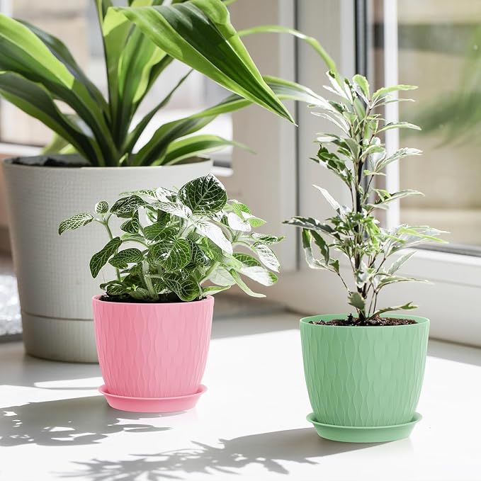 WSMKSZ 7 inch Plant Pots, 5 Pack Flower Pots with Drainage Holes and Saucers for Indoor Plants, Plastic Planters with Water Ripple for Small Garden House Plants, Nursery Pots for Succulent, Colorful