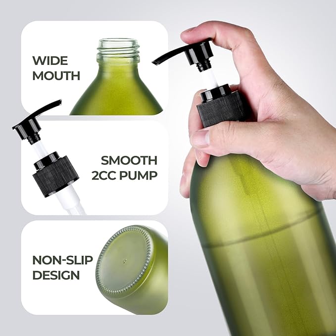 16 oz Frosted Green Glass Soap Dispenser with Pump, Glass Pump Bottle for Lotion Body Oil, 500ml Hand and Dish Soap Dispensers Set with Storage Caps, Labels - 2 Pack