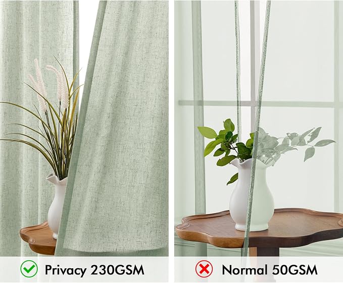 MIULEE Non-See-Through Privacy Linen Curtains 2 Panels, Sage Green Light Filtering Window Curtains 96 Inches Long, Farmhouse Textured Back Tab Semi Sheer Drapes for Bedroom Living Room, Light Green