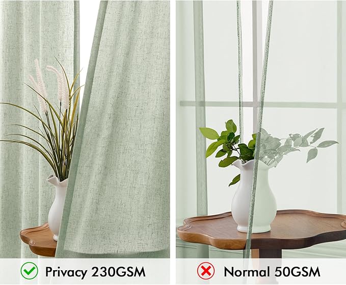 MIULEE Non-See-Through Privacy Linen Curtains 2 Panels, Light Filtering Window Curtains Farnhouse Textured Back Tab Semi Sheer Drapes for Bedroom Living Room, 52 x 63 Inches Long, Sage Green