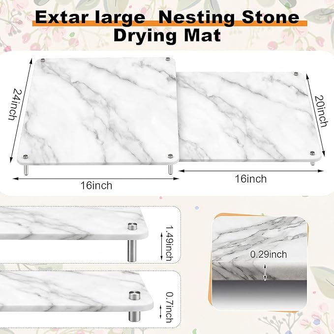2 Pcs 24"x16" & 20"x16" Large Nesting Stone Dish Drying Mats for Kitchen Counter Absorbent Quick Dry Diatomaceous Earth Mat with Non-slip Feet for Pot Dishes Cups Tableware (Marble Color)
