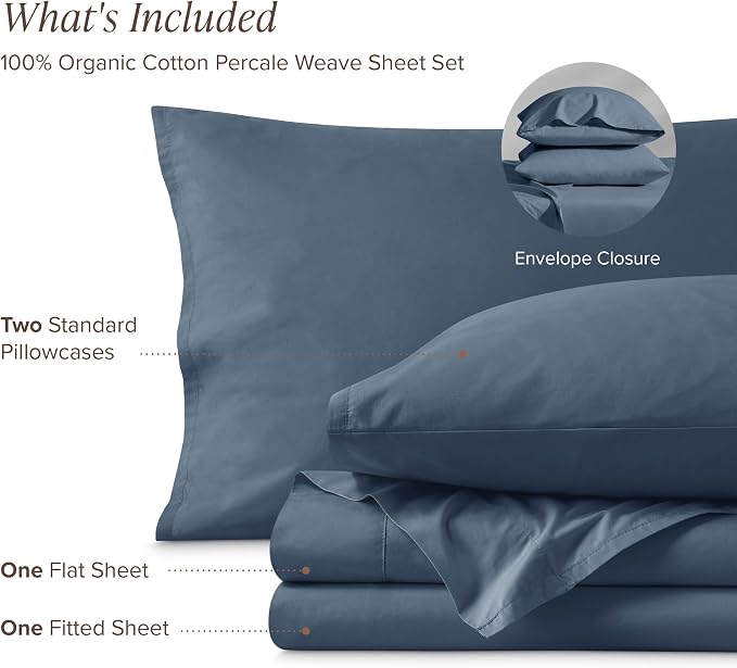 Bare Home 100% Organic Cotton Full Sheet Set - Crisp Percale Weave - Lightweight & Breathable - Bedding Sheets & Pillowcases (Full, Bering Sea)