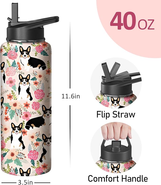 40oz Corgi Water Bottle with Handle and Flip Straw, Dog Animal Sports Stainless Steel Insulated Cup Travel Coffee Mug Tumbler, Birthday Mothers Day Chritmas Gifts for Women