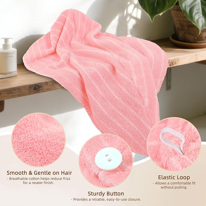 Jacquotha Cotton Hair Towel Wrap for Women (Pink Striped), 1 Pack | Soft Absorbent Quick Dry Hair Drying Towel for Wet Long Curly Hair, Shower Bathroom Spa Travel Pool, 25" x 9.5"