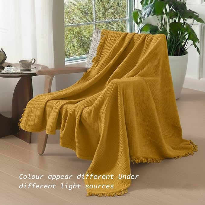 KyraHome 100% Organic Cotton Throw Blanket for Adult, Couch, 60"x80" Plant-Dyed Large Muslin Blankets, Picnic, Pre-Washed Breathable Gauze Summer Throw Blankets, All Season (Mustard Yellow)