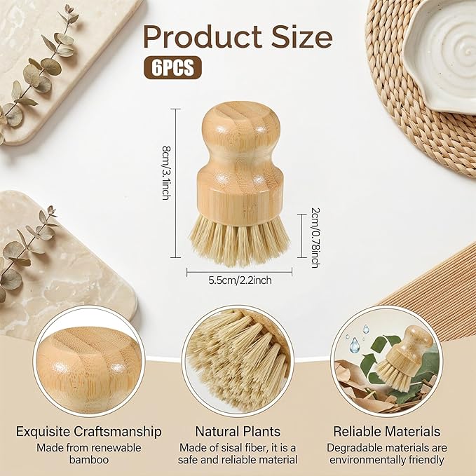 6 Pcs Bamboo Dish Brush, Wooden Kitchen Dish Brushes Natural Sisal Bristle Scrubber for Pots, Pans, Bowls, Dishes Cleaning