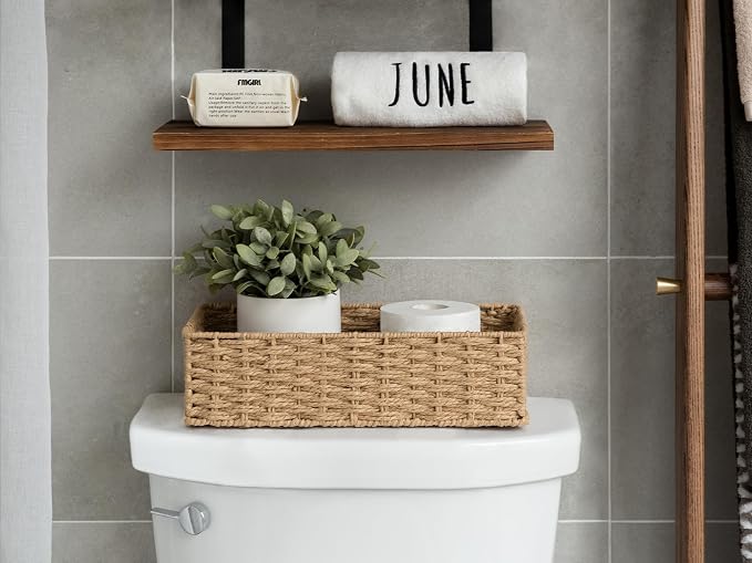 StorageWorks Toilet Paper Basket with Built-in Handles, Light Brown Round Paper Rope Baskets for Bathroom, 14 ¼"L x 6 ¾"W x 3 ¾"H, 1 Pack